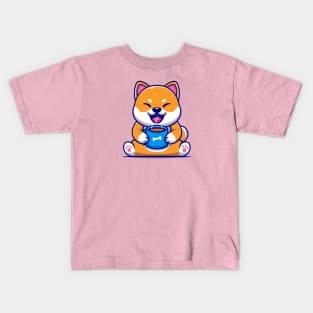 Cute Shiba Inu Dog Holding Hot Coffee Cup Cartoon Kids T-Shirt
